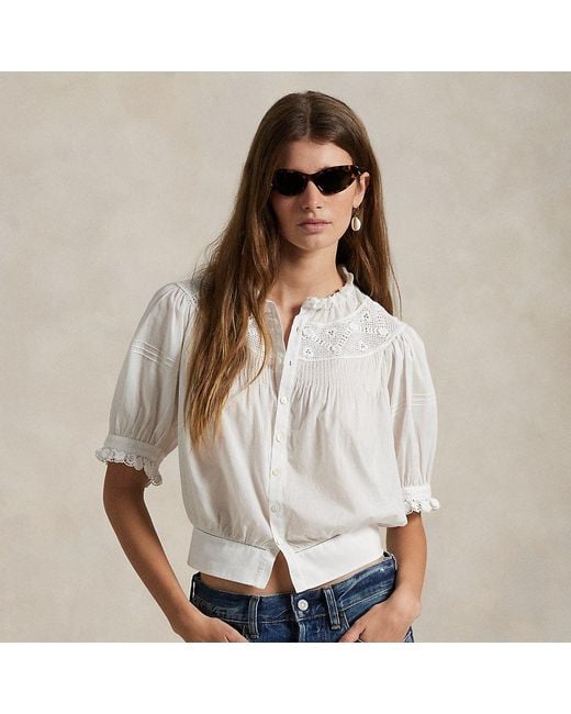 Ralph Lauren White Lace-Trim Cotton Voile Top