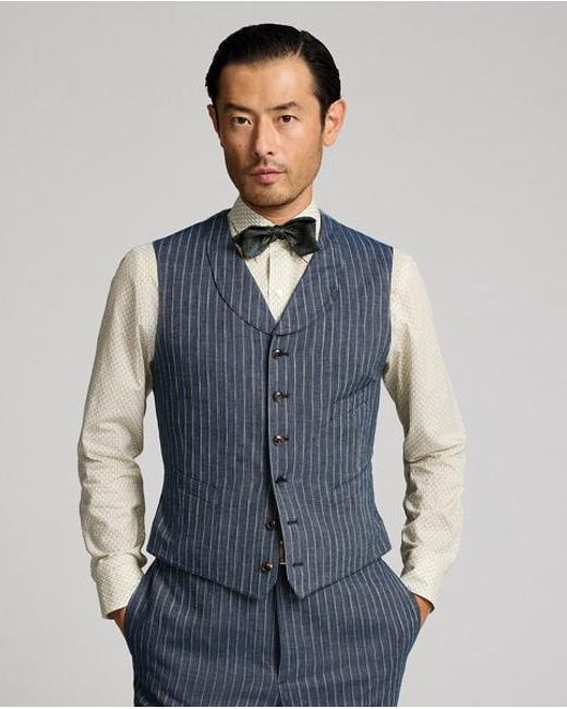 RRL Blue Striped Herringbone Shawl Waistcoat for men