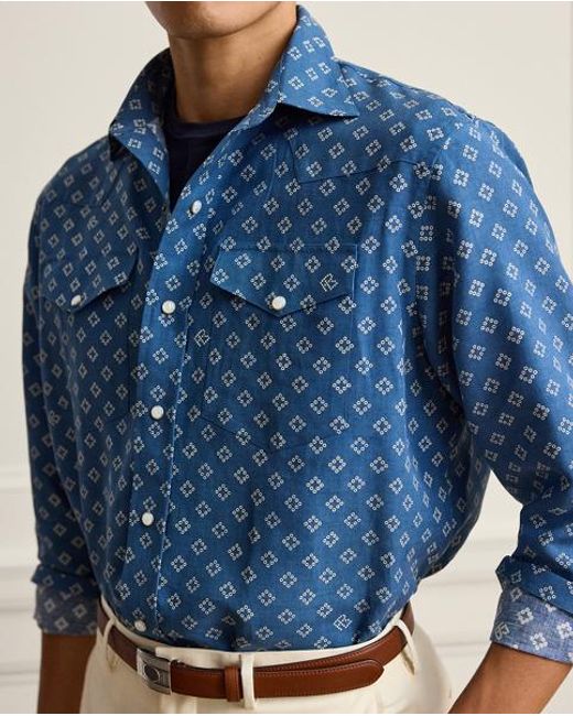 Ralph Lauren Blue Relaxed Fit Linen-Silk Western Shirt for men