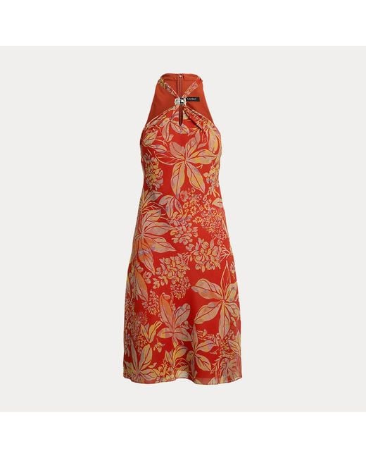 Ralph Lauren Red Geblümtes Neckholder-Kleid Aus Georgette