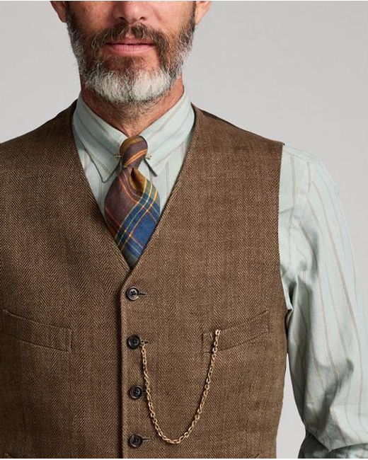 RRL Brown Linen Herringbone Waistcoat for men