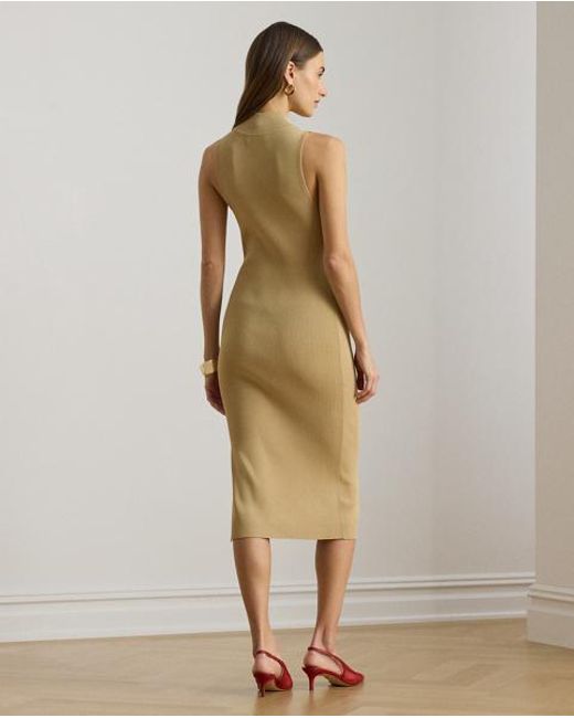 Ralph Lauren Natural Ribbed Sleeveless Mockneck Sweater Dress
