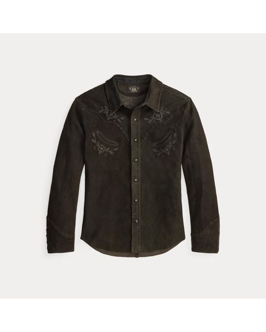 RRL Black Embroidered Suede Western Shirt for men