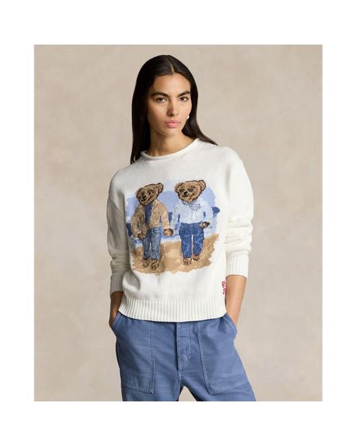 Polo Ralph Lauren White Polo Bear-intarsia Cotton-knit Jumper