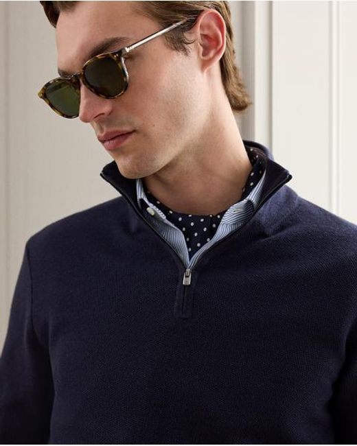 Ralph Lauren Blue Piqué-Knit Wool Quarter-Zip Sweater for men