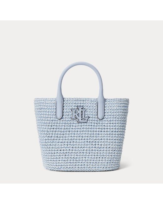 Ralph Lauren Blue Leather-Logo Straw Medium Adley Tote Bag