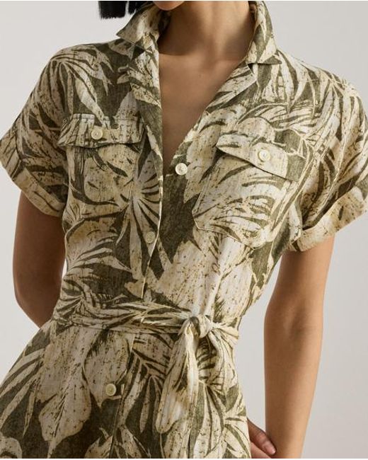 Ralph Lauren Metallic Palm-Frond-Print Linen Camp Shirtdress
