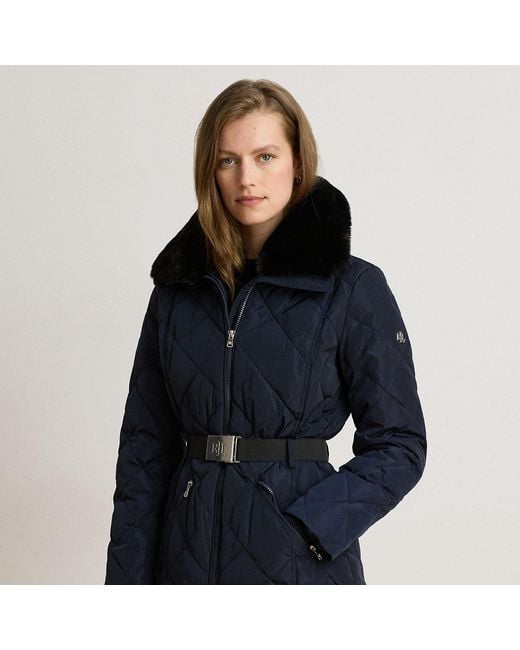 Ralph Lauren Blue Faux Fur-Trim Diamond-Quilted Down Coat