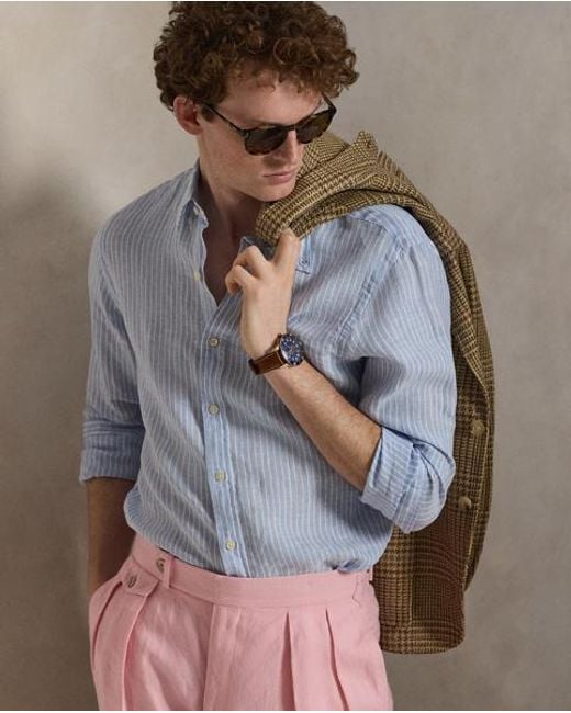 Polo Ralph Lauren Blue Slim Fit Striped Linen Shirt for men