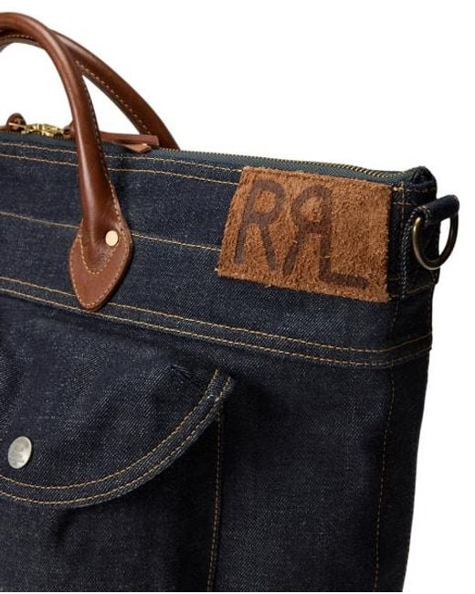 RRL Blue Leather-Trim Denim Tote for men