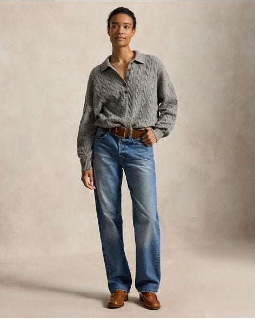 Polo Ralph Lauren Gray Cable Wool-Cashmere Polo-Collar Jumper