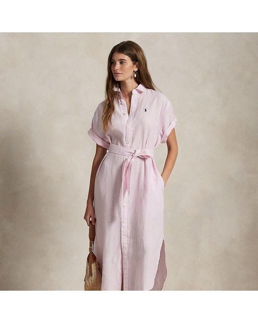 Polo Ralph Lauren Striped Linen Short-Sleeve Shirtdress in Pink | Lyst UK
