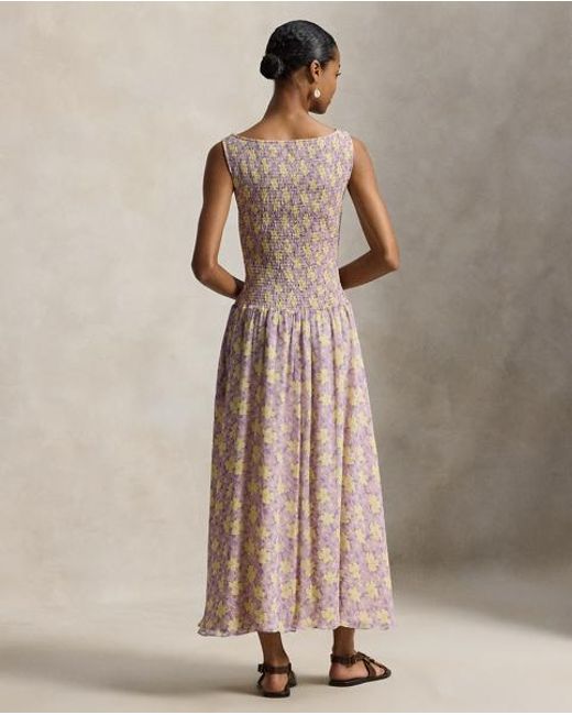 Polo Ralph Lauren Brown Floral Smocked Crinkled Dress
