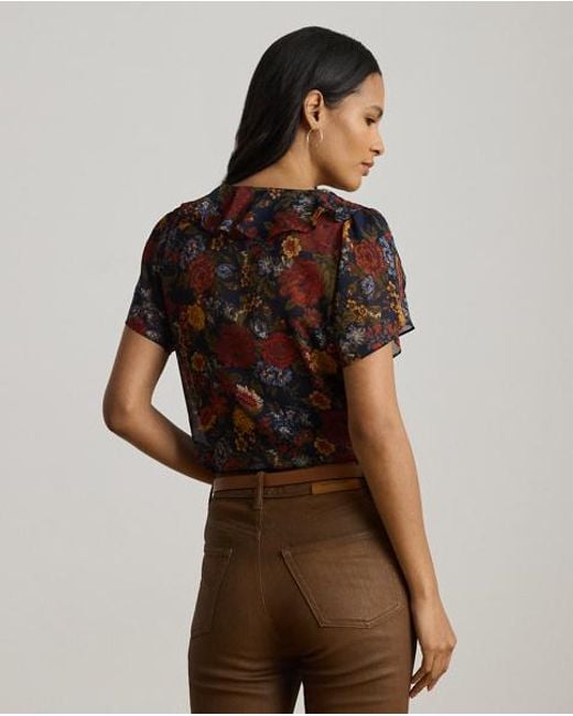 Ralph Lauren Black Geblümte Georgettebluse Mit Rüschen