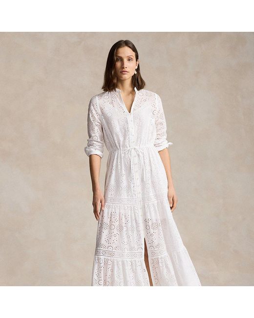 Polo Ralph Lauren Gelaagde Katoenen Maxi-jurk Met Oogjes in het White