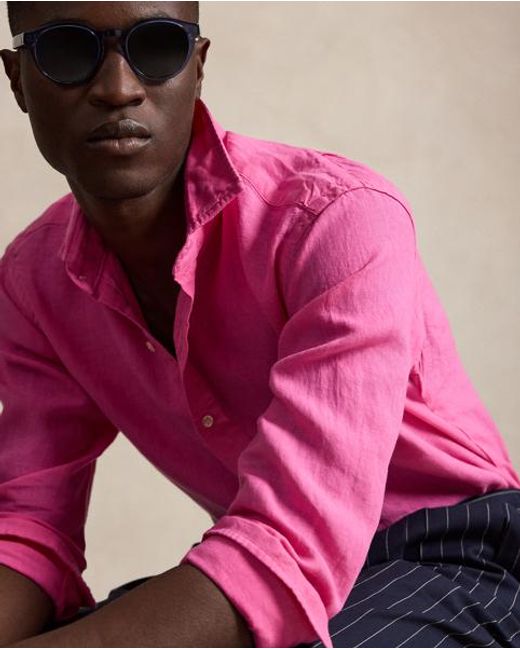 Polo Ralph Lauren Pink Custom Fit Slub Linen Shirt for men