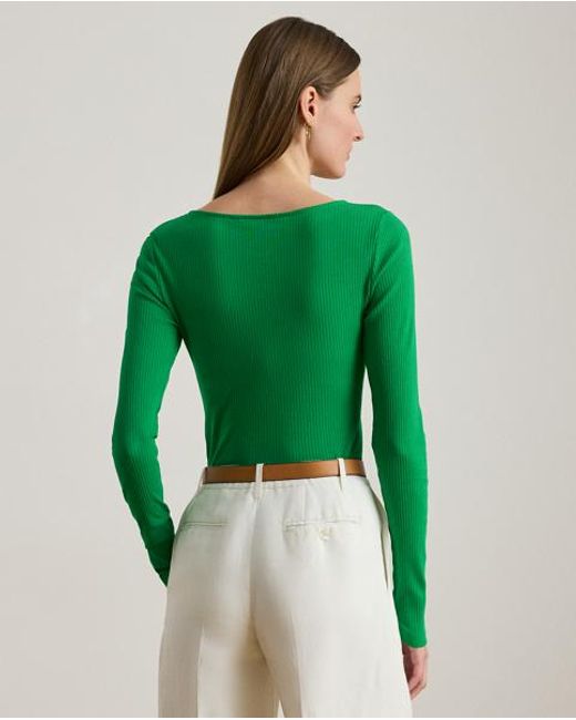 Ralph Lauren Green Rib-Knit Long-Sleeve Scoopneck Tee