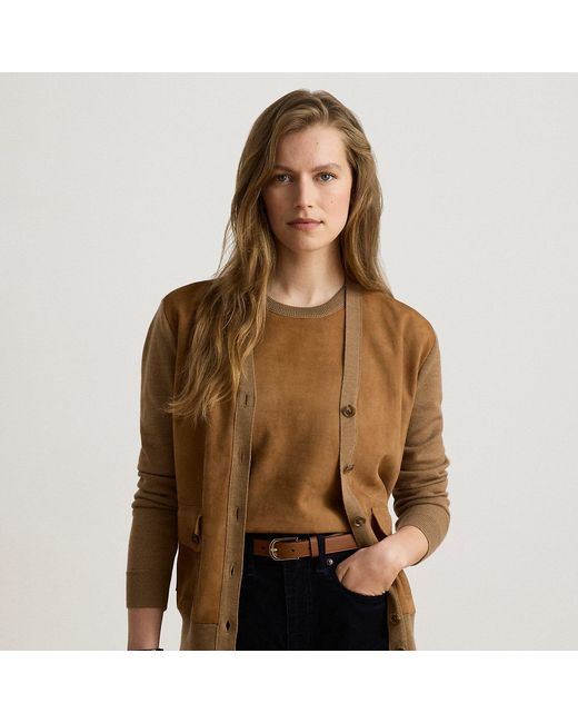 Ralph Lauren Brown Goat-Suede & Wool V-Neck Cardigan