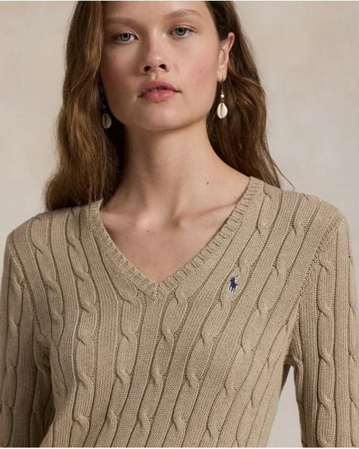 Polo Ralph Lauren Natural Zopfmusterpullover Mit V-Ausschnitt