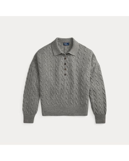 Polo Ralph Lauren Gray Cable Wool-Cashmere Polo-Collar Jumper