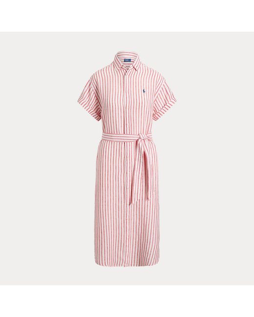 Polo Ralph Lauren Pink Short-Sleeved Striped Linen Shirt Dress