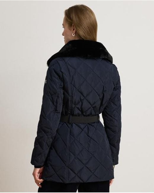 Ralph Lauren Blue Faux Fur-Trim Diamond-Quilted Down Coat