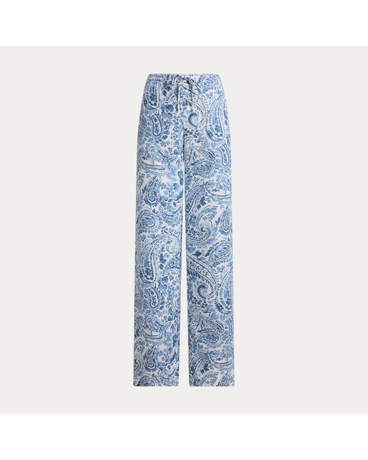 Ralph Lauren Blue Paisley Linen Wide-Leg Pant