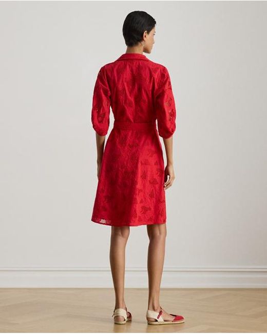 Ralph Lauren Red Eyelet Voile Balloon-Sleeve Shirtdress
