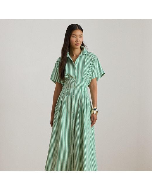 Ralph Lauren Green Striped Pleated Broadcloth Shirtdress