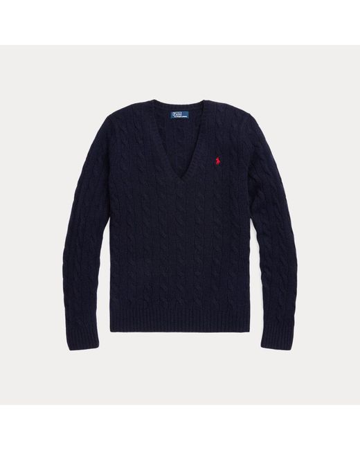 Ralph Lauren Blue Cable-knit Wool-cashmere V-neck Sweater
