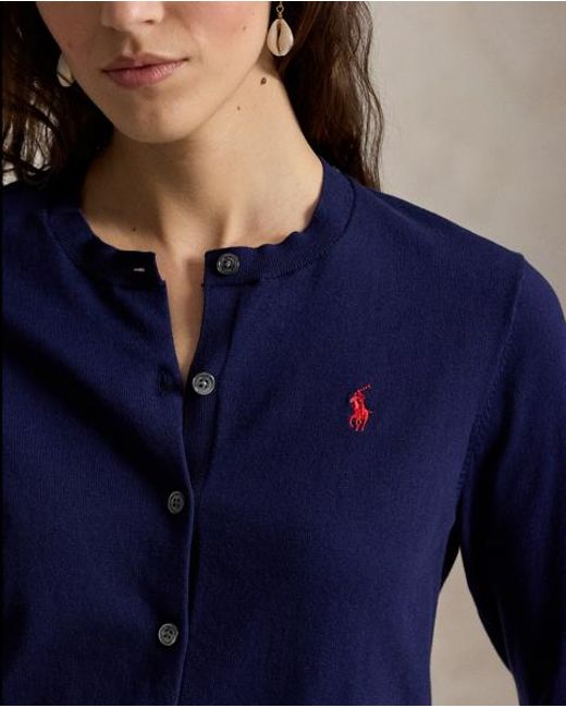 Polo Ralph Lauren Blue Stretch Cotton-Blend Crewneck Cardigan
