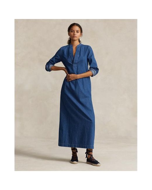Polo Ralph Lauren Katoenen Keperstof Midi-jurk in het Blue