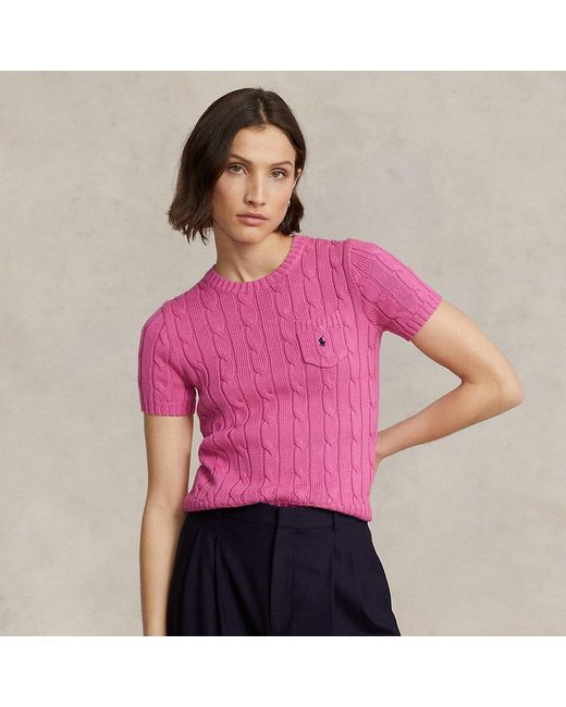 Polo Ralph Lauren Pink Cable-knit Cotton Short-sleeve Sweater