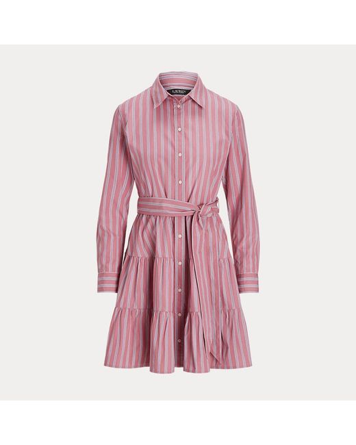 Ralph Lauren Pink Striped Broadcloth Tiered Shirtdress