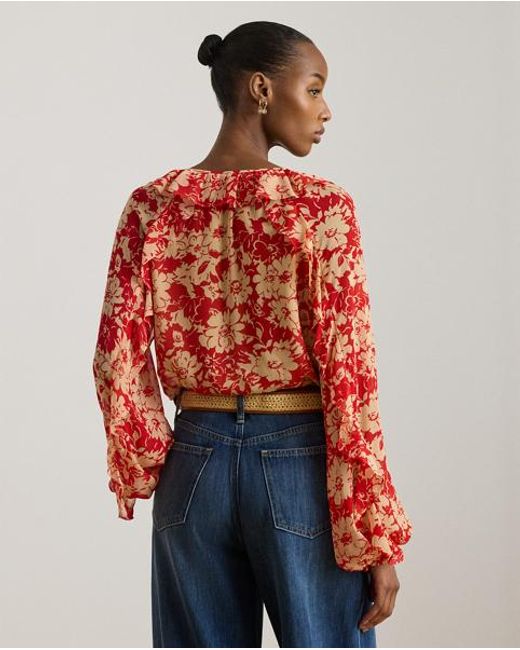 Ralph Lauren Red Floral Ruffle-Trim Georgette Blouse