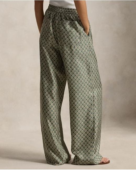 Polo Ralph Lauren Green Floral Silk Drawstring Wide-Leg Trousers