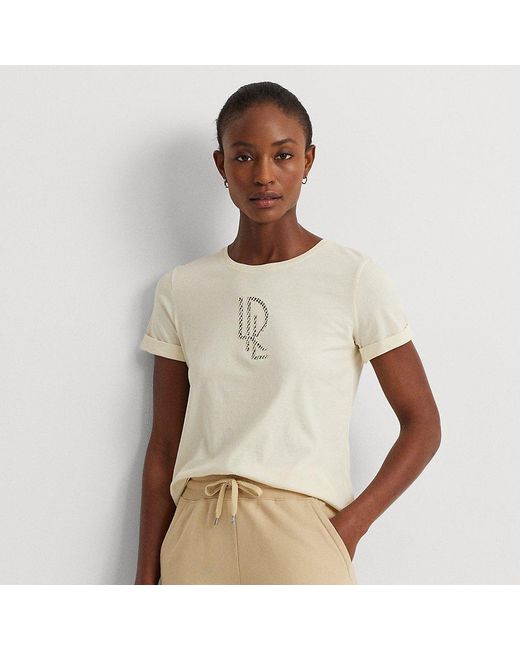 Maglietta in jersey con logo di perline di Lauren by Ralph Lauren in Brown