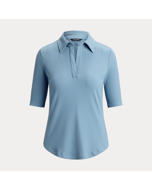 Ralph Lauren Blue Rib-Knit Elbow-Sleeve Polo Tee