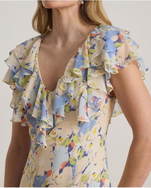 Ralph Lauren White Floral Ruffle-Trim Georgette Gown