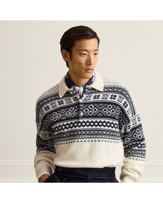 Ralph Lauren Black Patterned Cashmere Polo-Collar Jumper for men