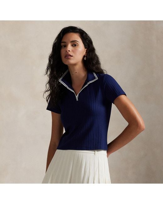 Ralph Lauren Blue Slim Fit Rib-Knit Cricket Polo Shirt