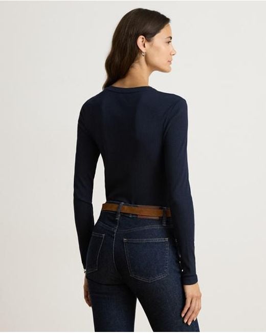 Ralph Lauren Blue Rib-Knit Long-Sleeve V-Neck Top