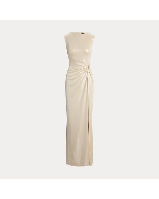 Ralph Lauren Natural Buckle-Trim Metallic Jersey Gown