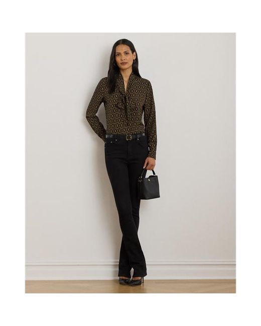 Ralph Lauren Black Chain-Print Crepe Tie-Neck Blouse