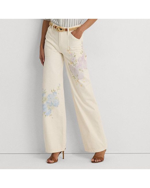 Jeans a vita alta e gamba larga a fiori di Lauren by Ralph Lauren in Natural