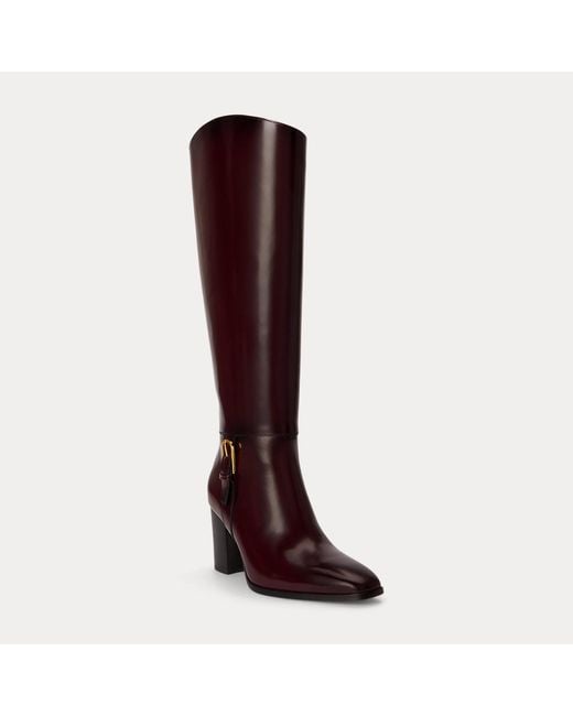 Ralph Lauren Brown Raelynn Glazed Leather Tall Boot Heel