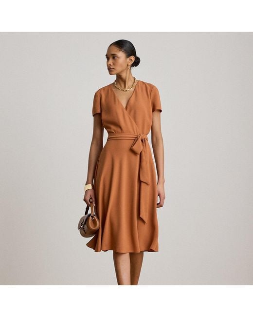 Ralph Lauren Brown Belted Georgette Surplice Dress