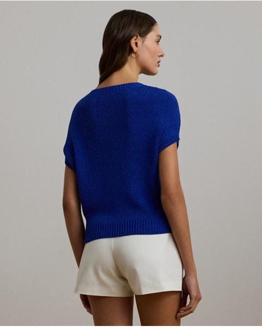 Pull Côtelé Manches Courtes Et Col En V Ralph Lauren en coloris Blue
