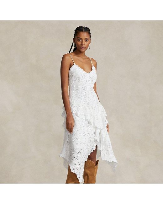 Polo Ralph Lauren White Asymmetrical Battenberg-lace Linen Dress