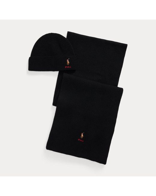 Set regalo berretto e sciarpa in lana di Polo Ralph Lauren in Black